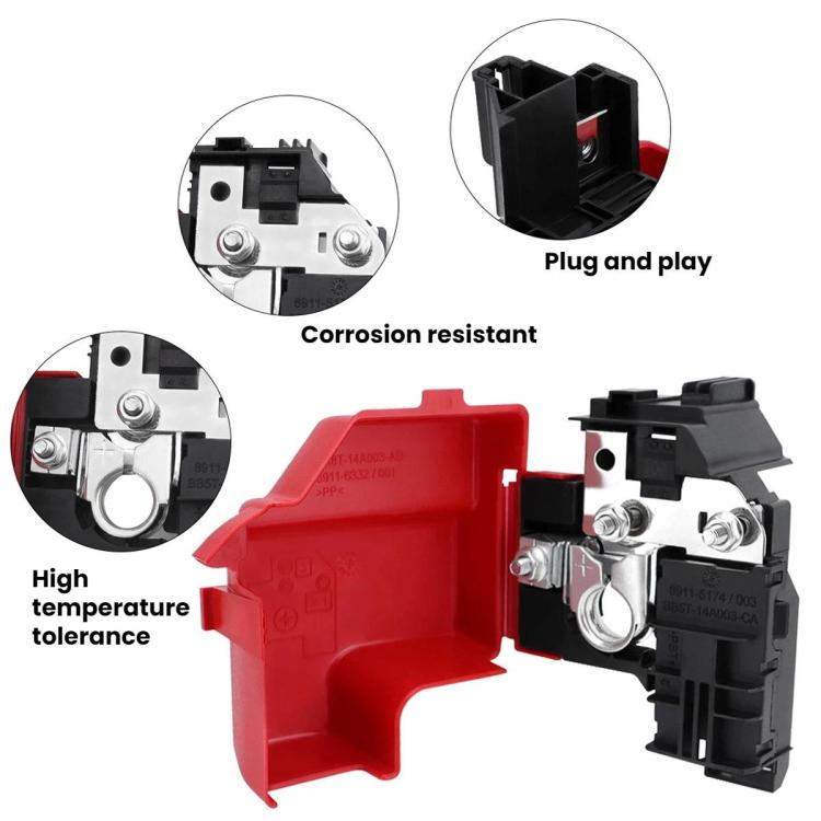 Red and black battery terminal circuit breaker with plug-in style connector and metal contacts