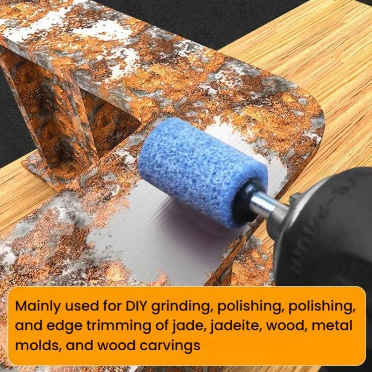 Power grinding with blue abrasive wheel on metal, mounted to a metal shank