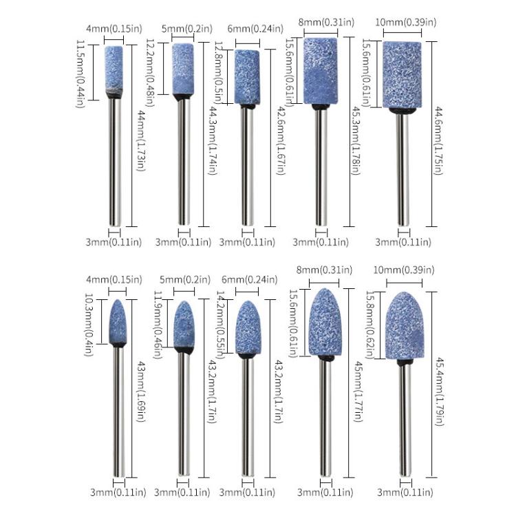 Sanding/polishing head sizes chart with abrasive wheels on metal shanks