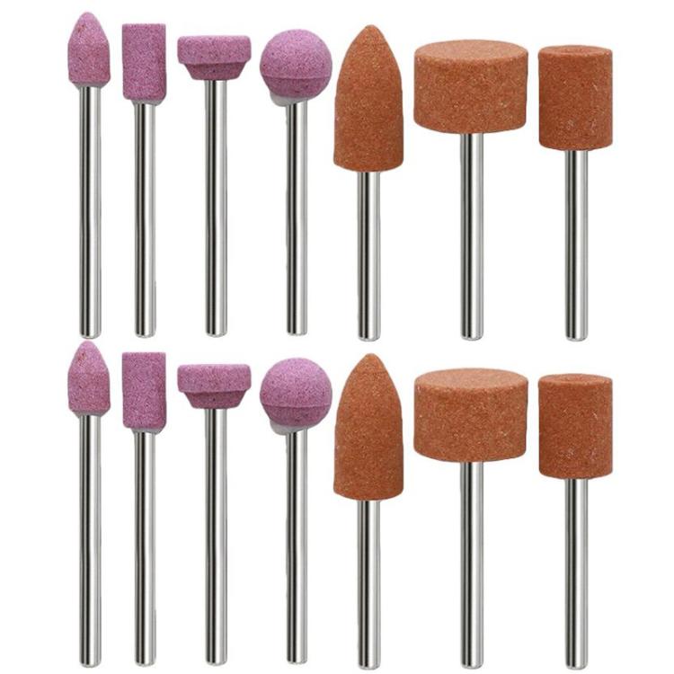 Assorted mounted sanding and polishing grinding heads on metal shanks, pink and orange