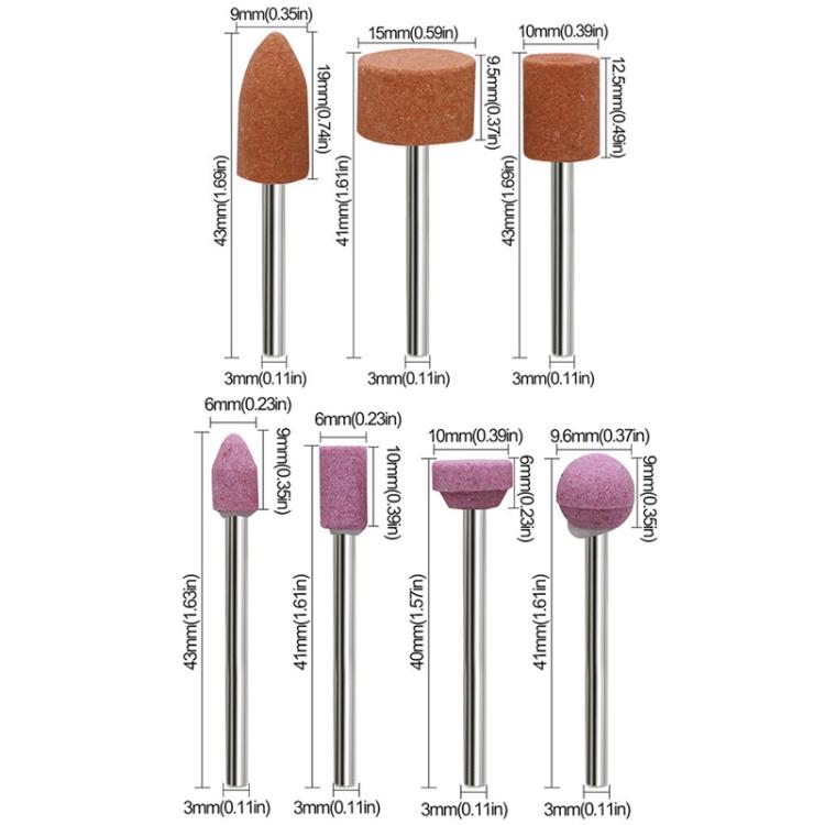 Size chart of mounted sanding and polishing heads with pink and orange abrasive tips