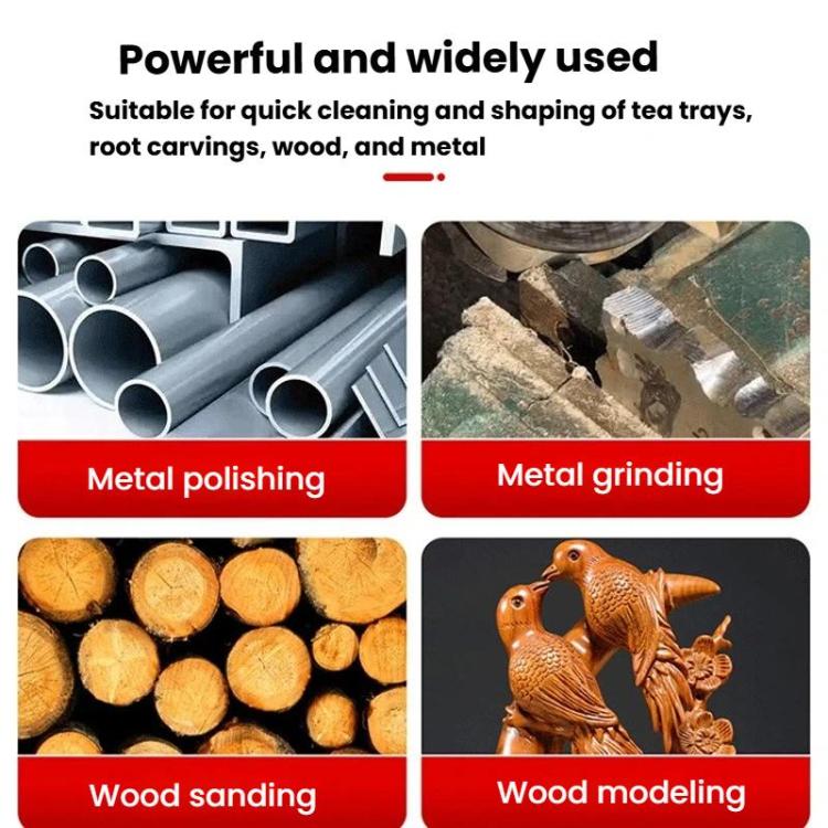 4-panel use collage: metal polishing, metal grinding, wood sanding, wood modeling