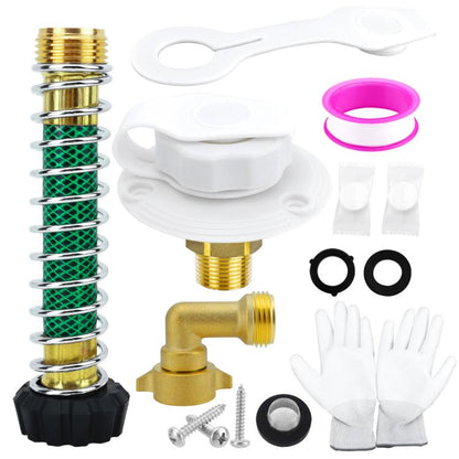 Brass inlet check valve mounting kit with white parts and black dust caps