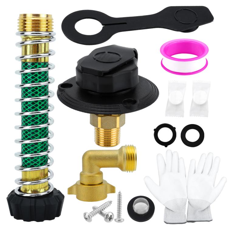 Brass inlet check valve kit with black mounting parts, pink seal ring, and gloves