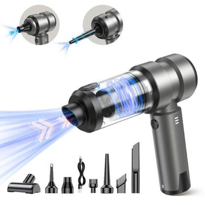 Gray cordless vacuum cleaner with clear dust canister and air-blaster nozzle attachments
