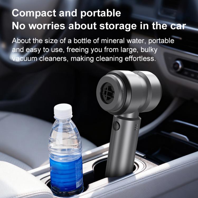Handheld cordless vacuum cleaner with gray nozzle, shown on a car seat