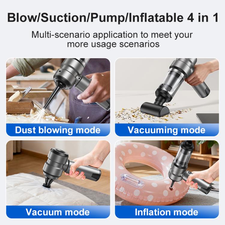 Handheld cordless vacuum with blower and vacuum nozzles, multi-mode attachments shown