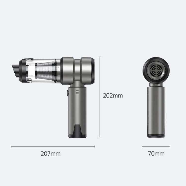 Handheld cordless vacuum with round nozzle head; size diagram from multiple angles (mm)