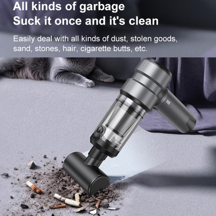 Gray cordless vacuum cleaner nozzle cleaning debris from carpeted surface