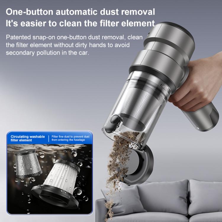 Gray cordless vacuum with clear removable filter chamber and one-button dust release