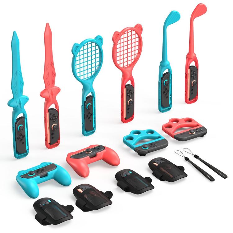 14-in-1 sports accessory set with tennis rackets, swords, and controller grip attachments