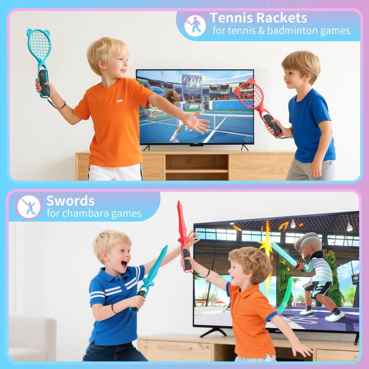 Tennis racket and sword game accessories with blue and red detachable grip parts
