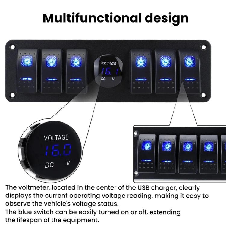 Waterproof Switch Panel For Vehicles And Ships With Digital Voltage Display, Blue