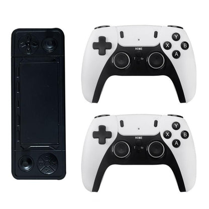 Black handheld game console with two white wireless controllers