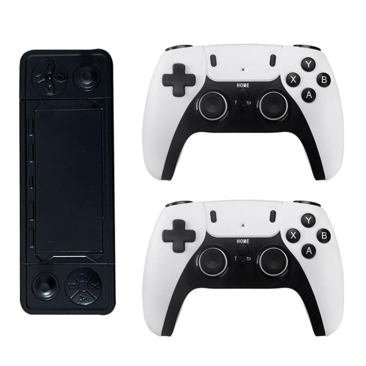 Black game console and two white wireless game controllers