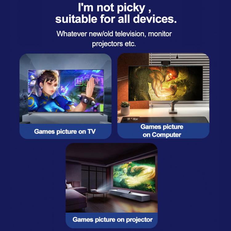 Wireless retro game console showing gameplay on TV, computer, and projector
