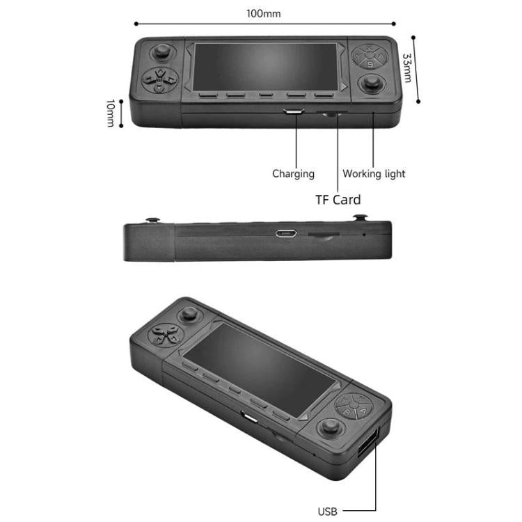 Black handheld wireless game console with screen, controls, USB port, and TF card slot