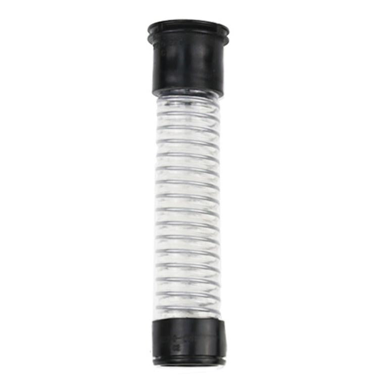 Clear corrugated hose segment with black rubber end rings, straight piece
