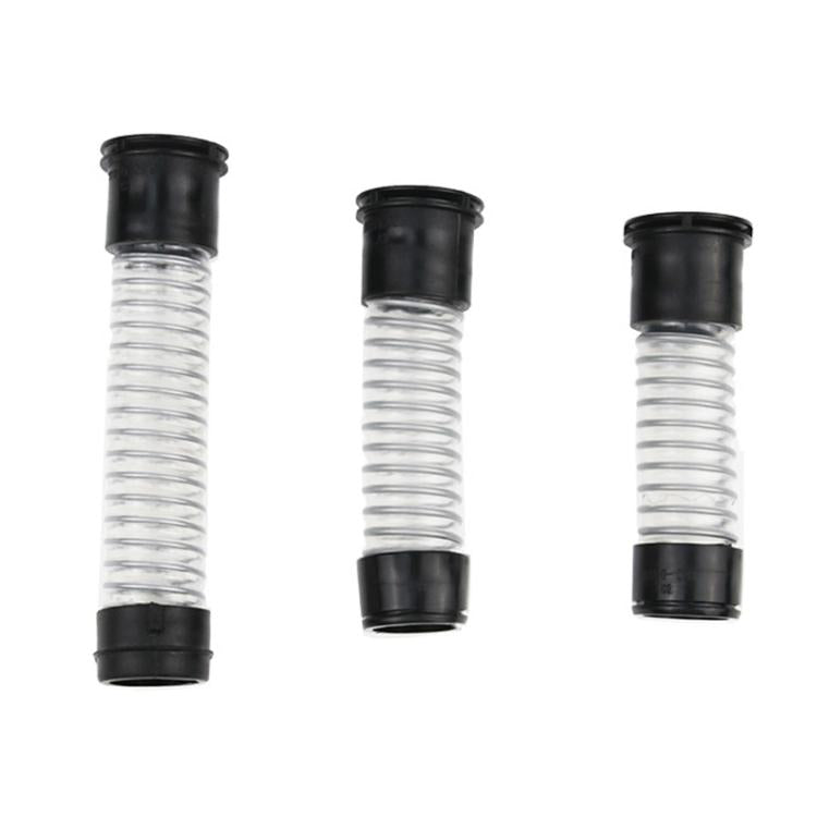 Corrugated clear hose repair piece with black end caps, shown in multiple views