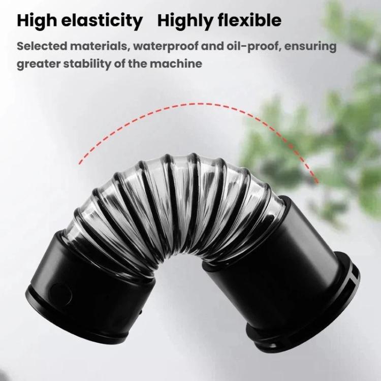 Flexible elbow connector made of clear corrugated hose with black end collars