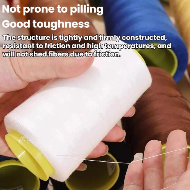 White fine polyester sewing thread spool with loose thread pulled taut between hands
