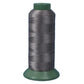 Nylon sewing thread spool, gray 3-strand thread on green base.