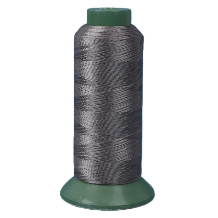 Nylon sewing thread spool, gray 3-strand thread on green base.