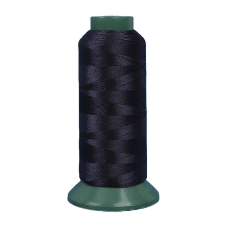 Nylon sewing thread spool, dark navy/black 3-strand thread on green base.