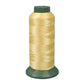 Nylon sewing thread spool, yellow 3-strand thread on green base.