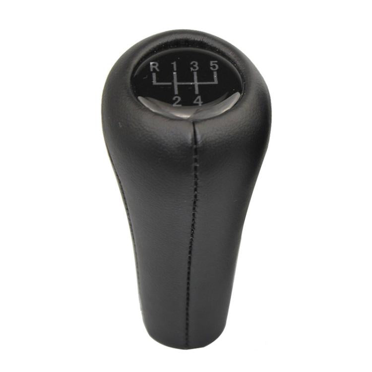 Black leather gear shift knob with numbered shift plate and stitched handle