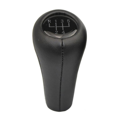 Black leather gear shift knob with numbered shift plate and stitched handle