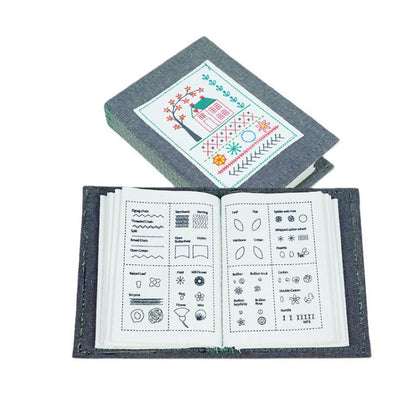 DIY embroidery stitch book with 10-page guide, open to colorful stitch charts