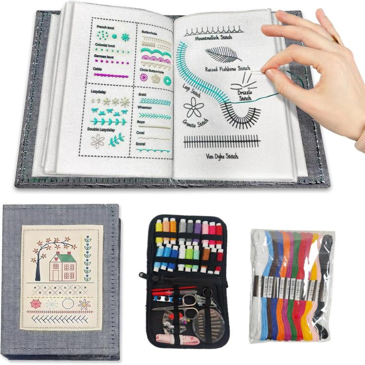 Embroidery stitch book with needle kit and multicolor thread bundle, laid out