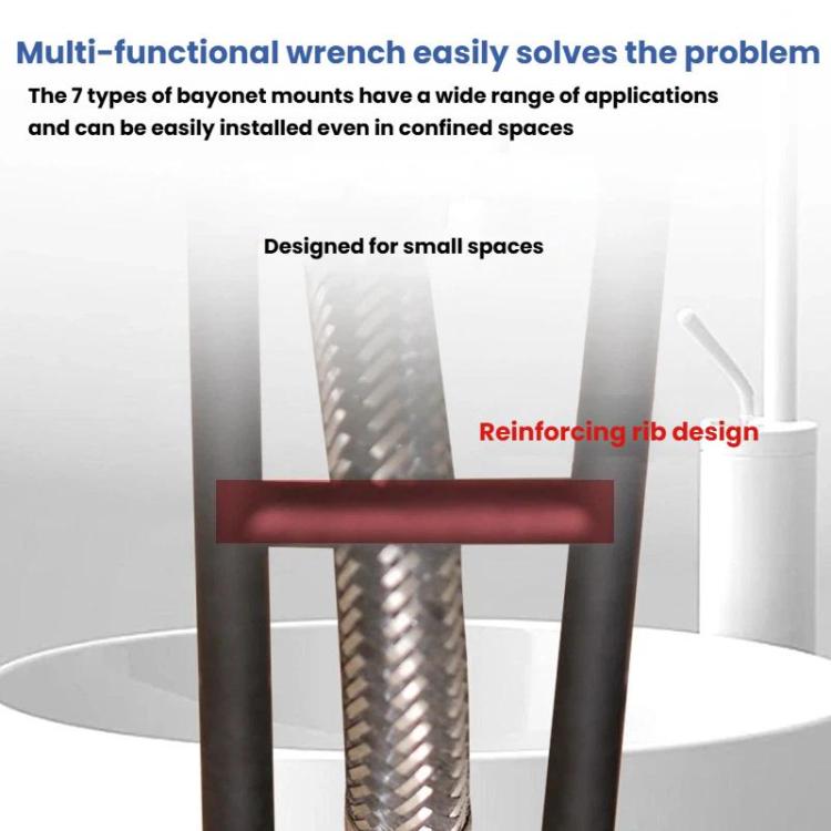 Black multi-functional wrench with open frame design and bayonet-style jaw