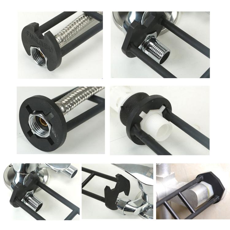 Close-up of black multi-function faucet wrench heads with threaded and plastic nut sockets