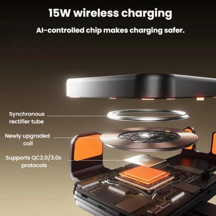Wireless car charger mount showing coil area and 15W charging light bars