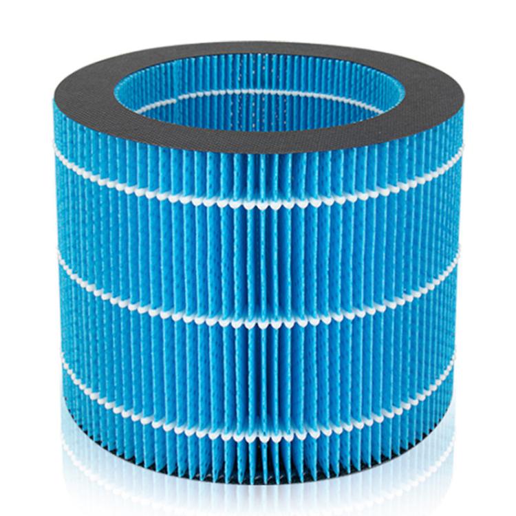 Humidifier filter cartridge with blue pleated media and black circular rim