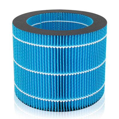 Humidifier filter cartridge with blue pleated media and black circular rim