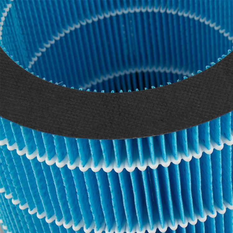 Close-up of blue pleated humidifier filter media with white edge trim
