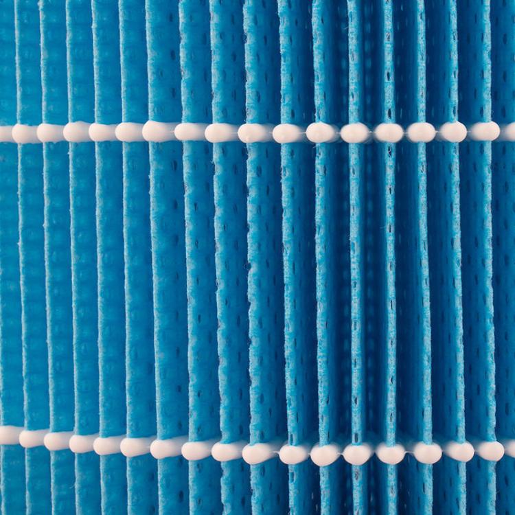 Close-up of blue vertical pleats on humidifier filter cartridge media
