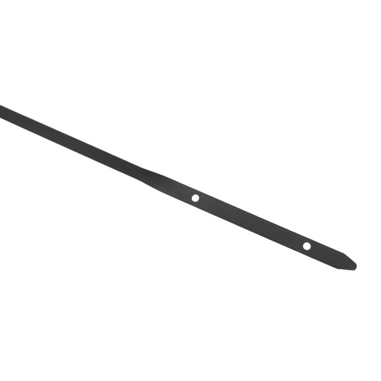 Engine oil dipstick black metal shaft with two small indicator holes near tip