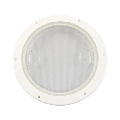 Round marine deck cover with white mounting ring and clear translucent lens