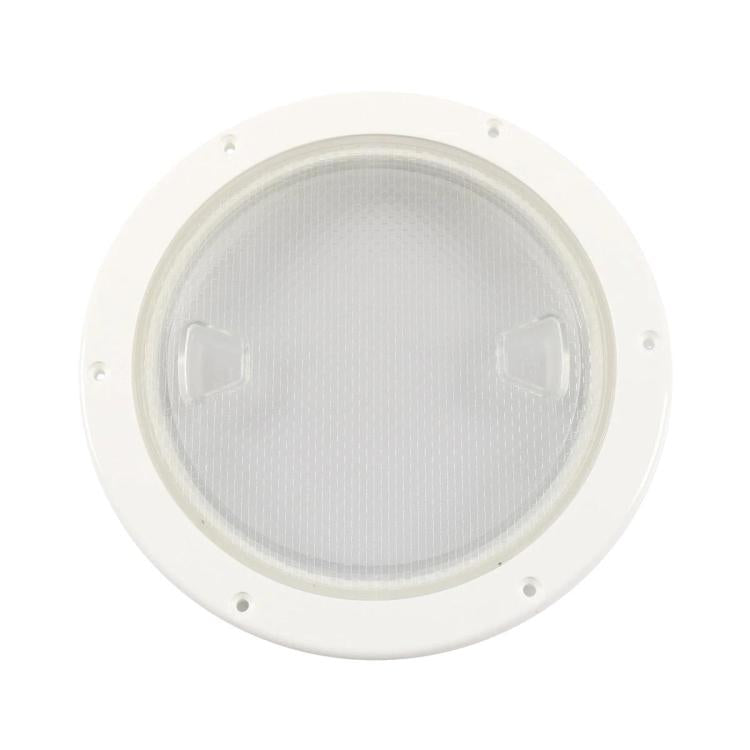 Round translucent deck cover for marine use, white bezel with clear lens panels
