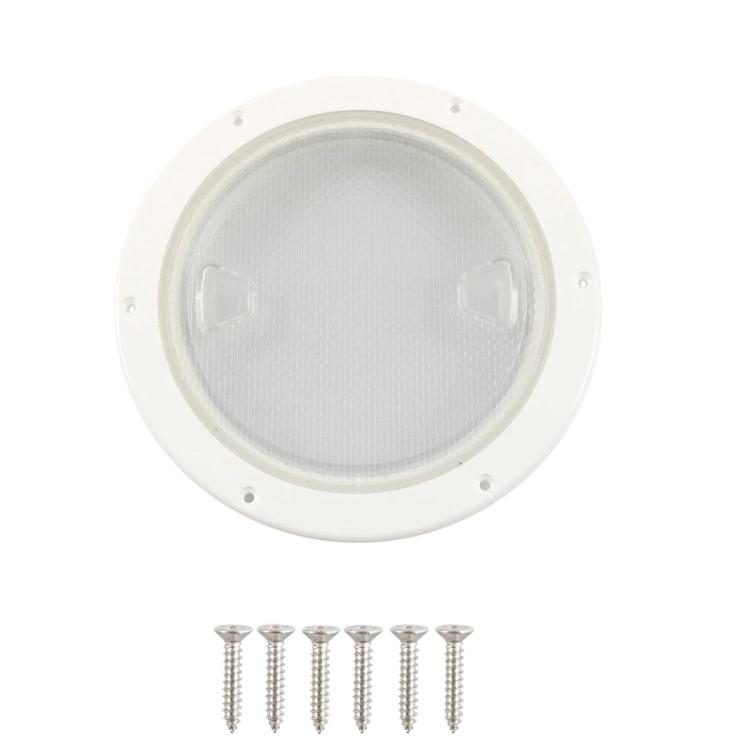 Round marine deck cover with clear lens, white rim, and included mounting screws