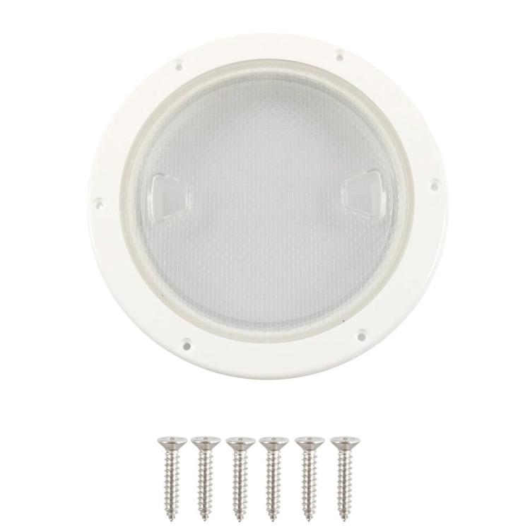 Round translucent deck cover with white bezel and mounting screws for installation