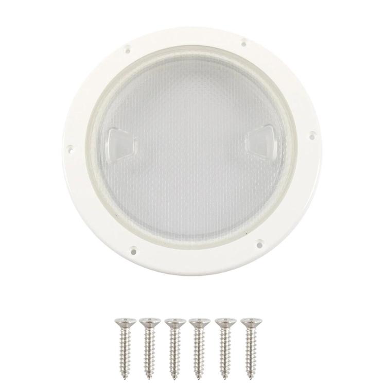 Round marine deck cover with clear lens disc, white rim, and screw set