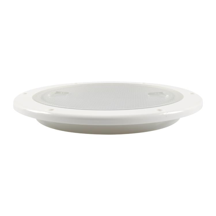 Low-profile marine deck cover with clear lens, white rim, and round opening
