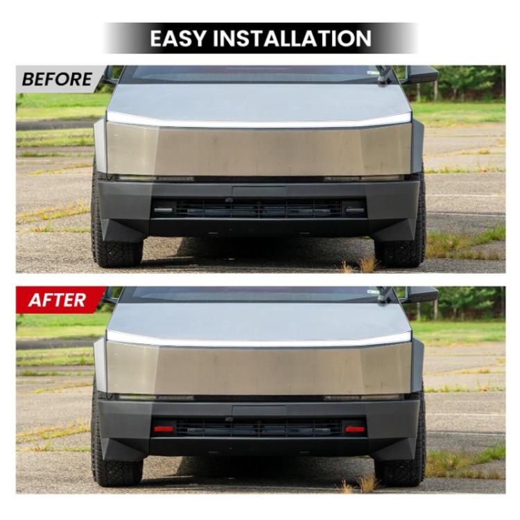 Red trailer hitch cover installed on the front bumper of Tesla Cybertruck