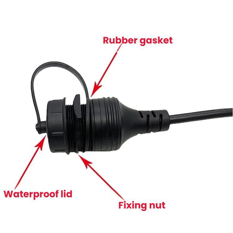 Waterproof USB extension cable connector with rubber gasket, waterproof lid, and nut