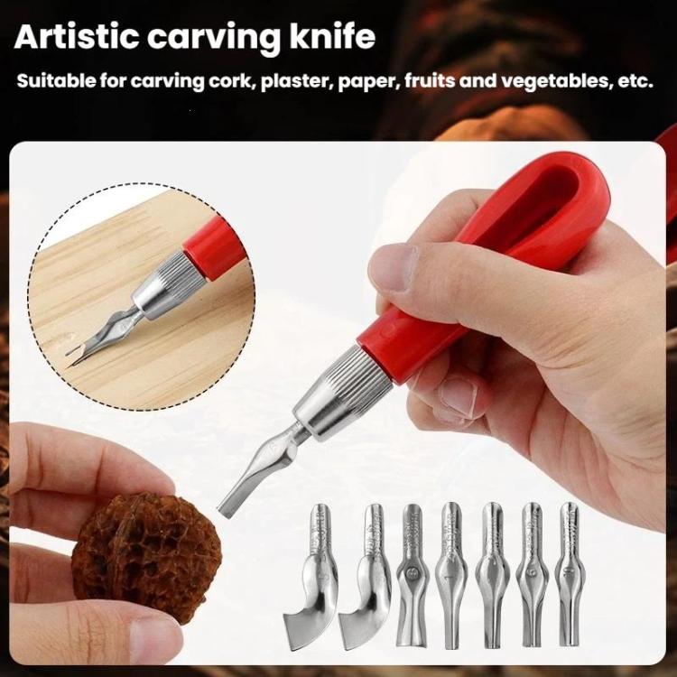 Red-handled carving/engraving knife set with several silver metal blades